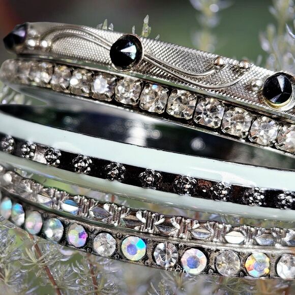 Celestial Collection Bangles Set Of 5 Mixed Enamel Rhinestone Sparkle Bracelets - Picture 14 of 14